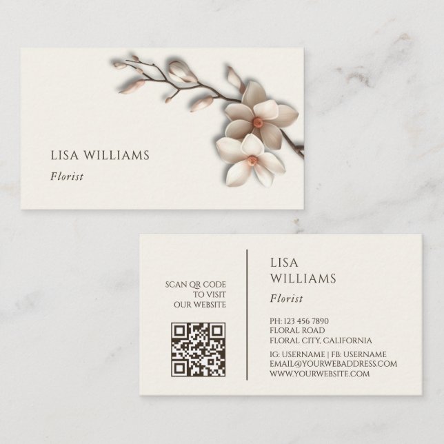 Elfenbensvit 3D Magnolia Rustic | QR-kod Visitkort (Fram/baksida)