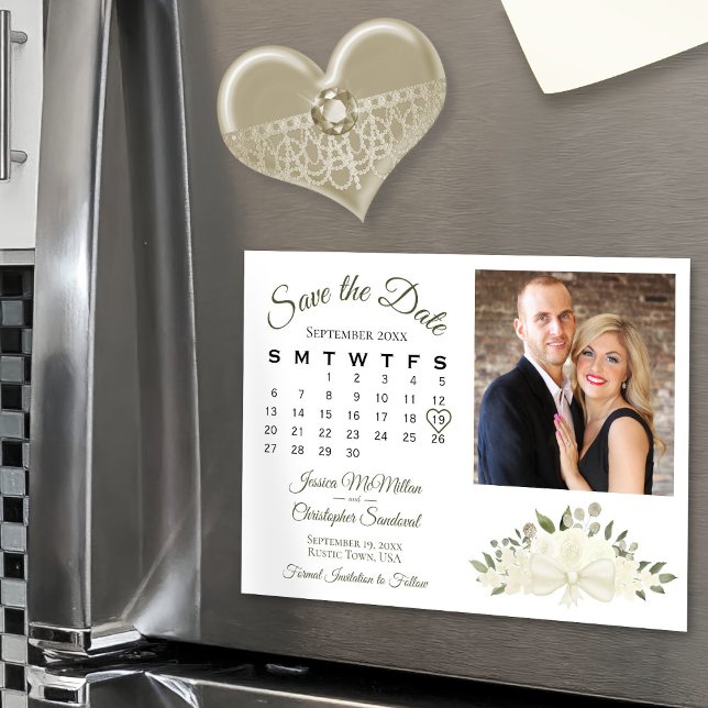 Elfenbensvit Blommig Kalender & Foto Välj Dagen Ka Magnetisk Inbjudningskort (Magnetic for Easy Display!)