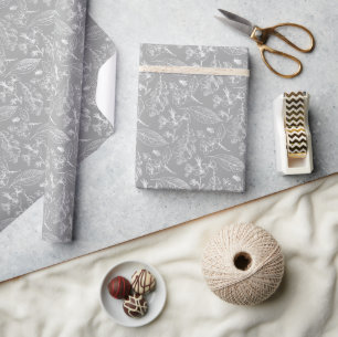 Elfenbensvit Blommig Konst Mönster På Chic Grå Presentpapper