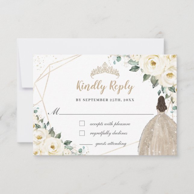 Elfenbensvit blomster-quinceañera-champagnedräkt OSA kort (Framsida)