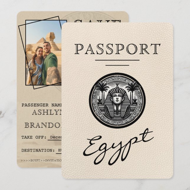 Elfenbensvit egyptisk bröllopsinbjudan spara datumet (Fram/baksida)