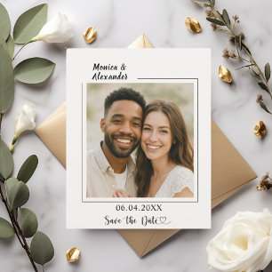 Elfenbensvit modern fotobryllop Spara datum Flygblad