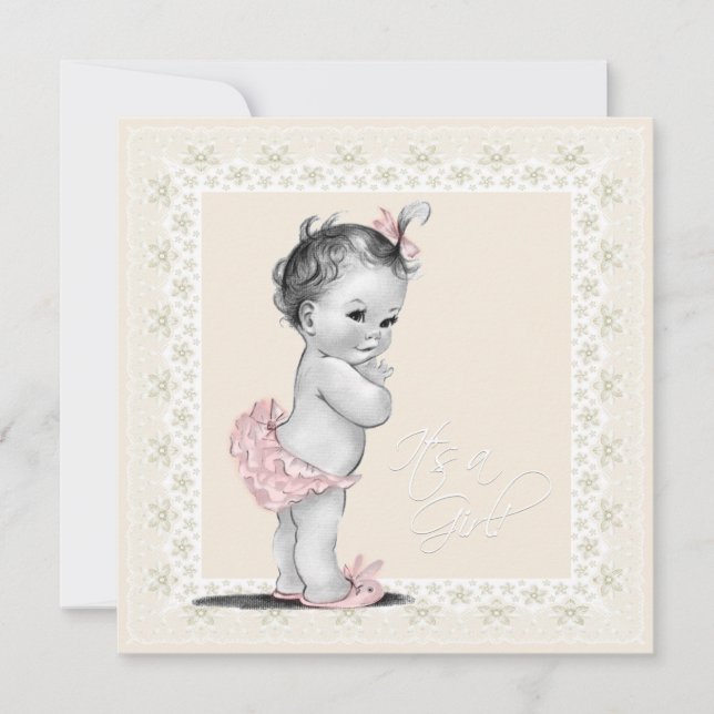 Elfenbensvit och rosa baby shower för flicka inbjudningar (Framsida)
