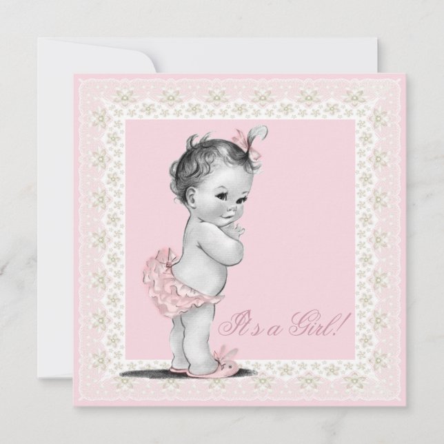 Elfenbensvit och rosa bebisflicka-babyshower inbjudningar (Framsida)