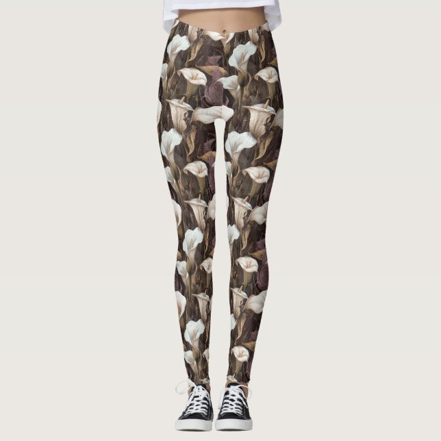 elfenbensvita Atletiska Calla liljor Glittrande Mo Leggings (Framsida)