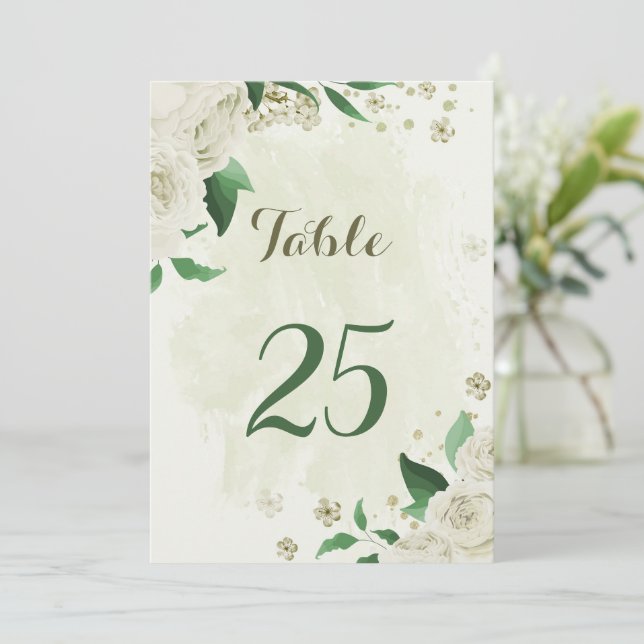 Elfenbensvita blommor grönska bord nummerkort inbjudningar (Stående Fram)