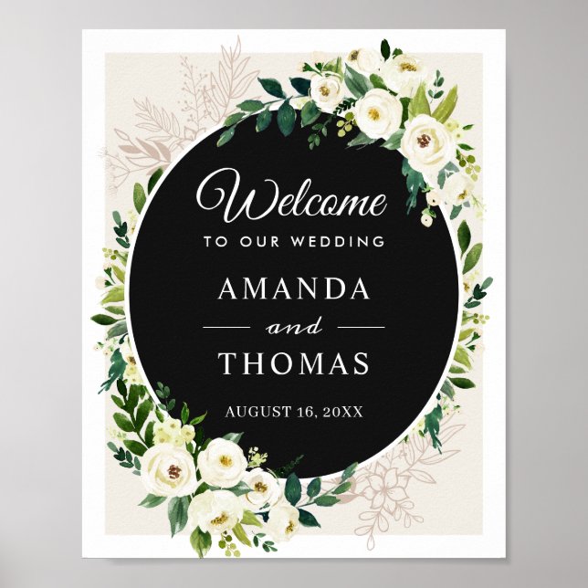 Elfenbensvita gröna blommor bröllop välkomstskylt poster (Framsidan)