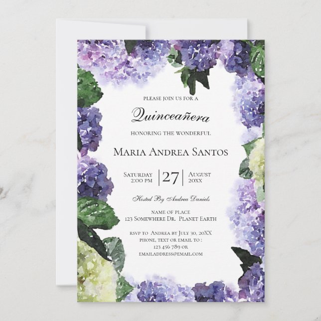Elfenbensvita & lila hydrangeor | Vit Quinceañera Inbjudningar (Framsida)