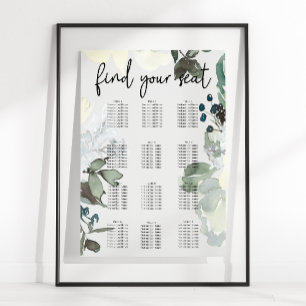 Elfenbensvita rosor Blommig bröllopsplatskarta Poster