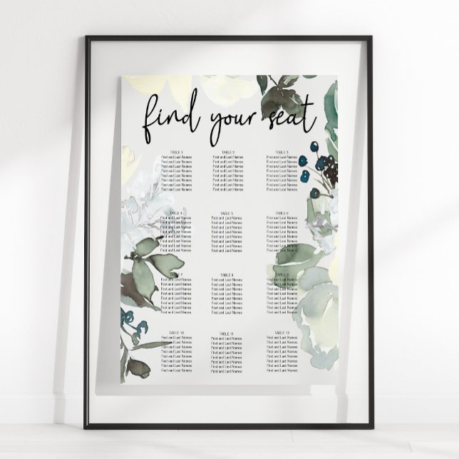 Elfenbensvita rosor Blommig bröllopsplatskarta Poster (Skapare uppladdad)