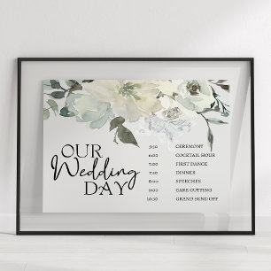 Elfenbensvita rosor Blommig bröllopsschemaaffisch Poster