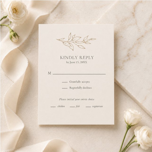 Elfenbensvitt & antikt guld Botanisk bröllops-RSVP OSA Kort (Ivory & Antique Gold Botanical Wedding RSVP Card on an elegant marble table with flowers)