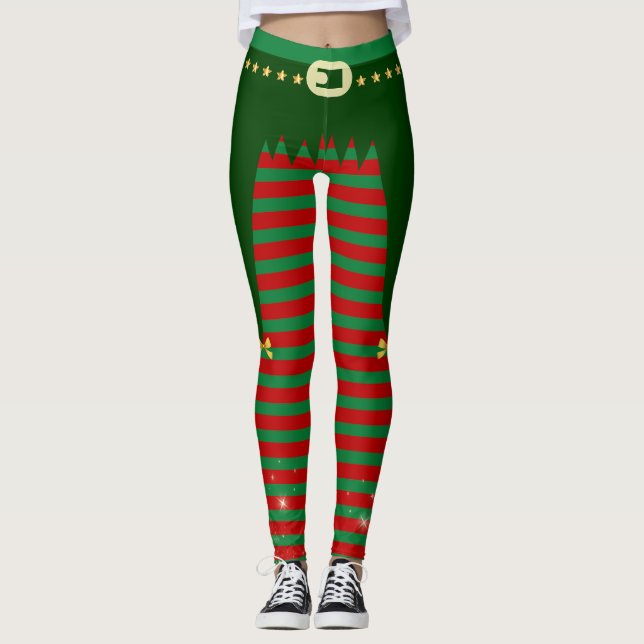 Elfo Navideño - Disfraz con Cinturón y Rayas  Leggings (Framsida)