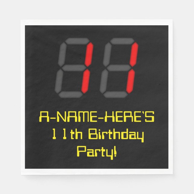 Elfte födelsedagen: Red Digital Clock Stil "11" +  Pappersservett (Framsidan)