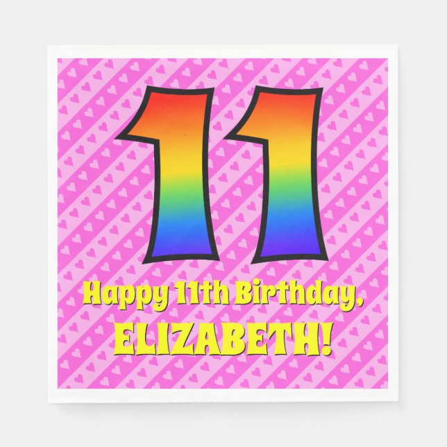 Elfte födelsedagen: Rosa Rand & Hearts, regnbåge n Pappersservett (Framsidan)