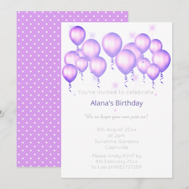 ELGANT MODERN BALLOON LILA SPOT BIRTHDAY INBJUDNINGAR (Fram/baksida)