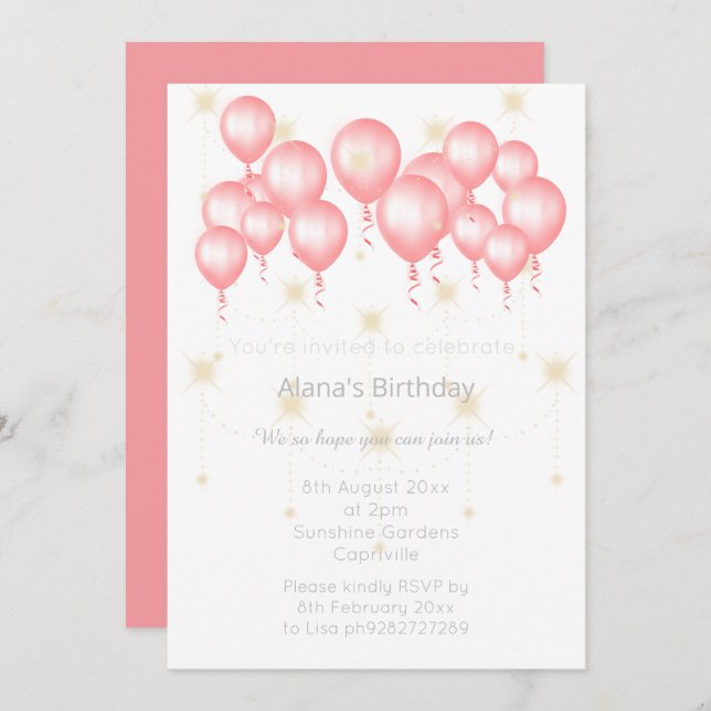 ELGANT MODERN BALLOON RO ROSA REVERSE BIRTHDAY INBJUDNINGAR (Fram/baksida)