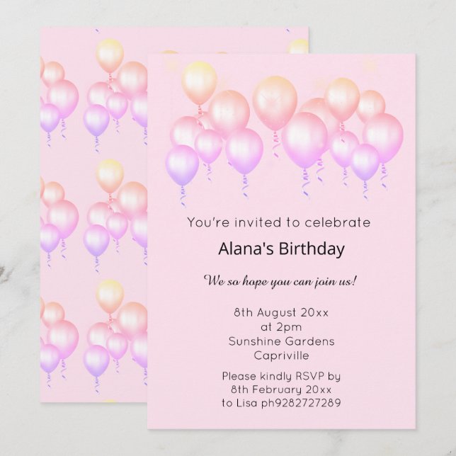 ELGANT MODERN BALLOON SÖT PASTEL BIRTHDAY INBJUDNINGAR (Fram/baksida)