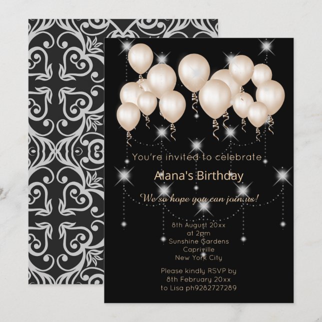 ELGANT MODERN DAMASK BLACK SILVER BALLOON INBJUDNINGAR (Fram/baksida)