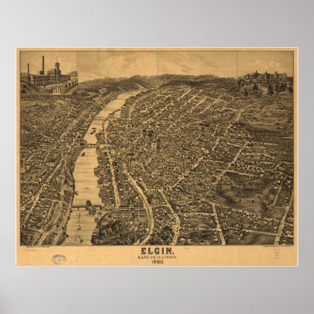 Elgin Illinois 1880 Antique Panoramic Karta Poster (Framsidan)