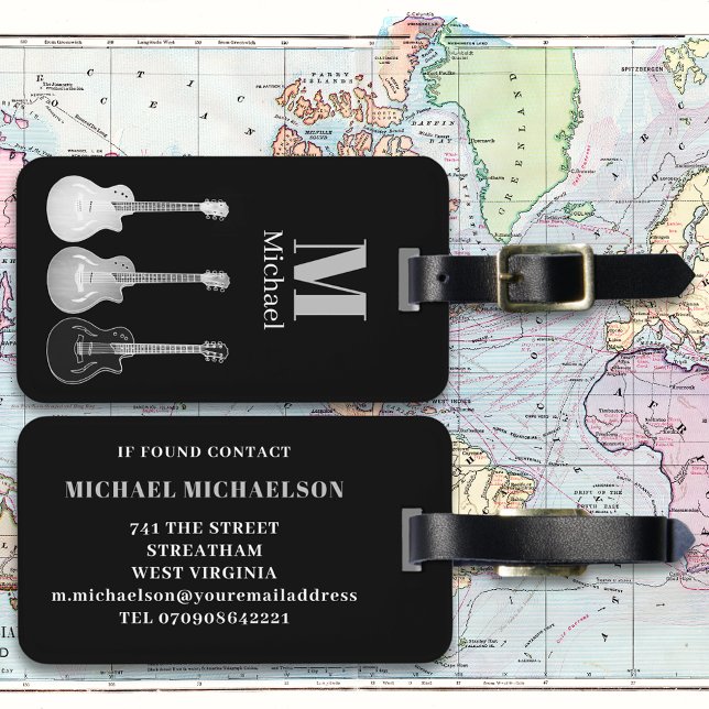 Elgitarr Modern Personliggjord Bagagebricka (Electric guitar black and gray monogram custom travel luggage tag guitarists musicians music lovers)