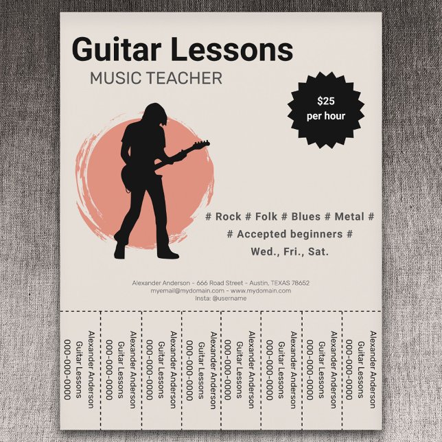 Elgitarrlektioner Rivs Av Remsor Flyer (Electric Guitar Lessons Tear Off Strips Flyer)
