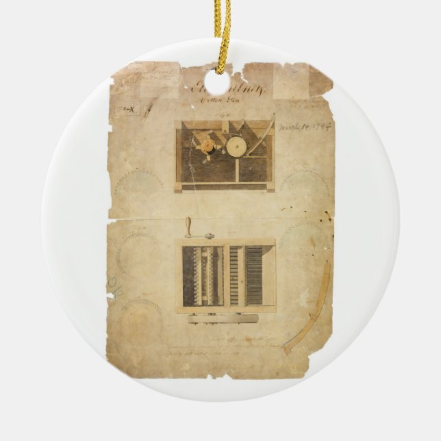 Eli Whitneys patent för bomullsrensningsmaskinen i Julgransprydnad Keramik (Framsidan)