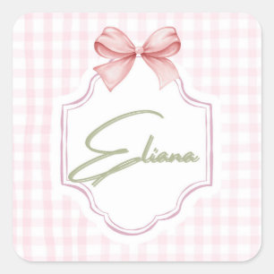 Eliana Personlig Rosa Bow & Gingham Skriv ut Fyrkantigt Klistermärke