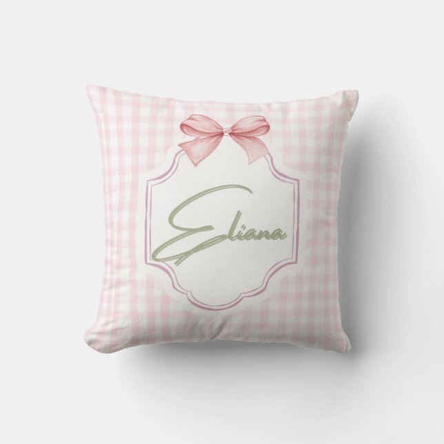 Eliana Personlig Rosa Bow & Gingham Skriv ut Kudde (Framsida)