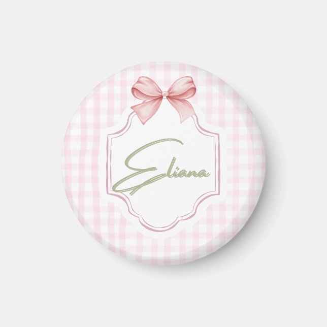 Eliana Personlig Rosa Bow & Gingham Skriv ut Magnet (Framsidan)