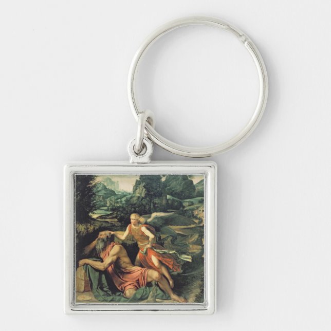 Elijah besökte vid en ängel, c.1534 fyrkantig silverfärgad nyckelring (Framsidan)
