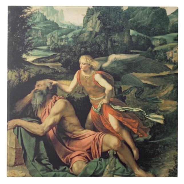 Elijah besökte vid en ängel, c.1534 kakelplatta (Framsidan)