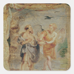 Elijah Receiving Bread and Vatten från en Angel Fyrkantigt Klistermärke