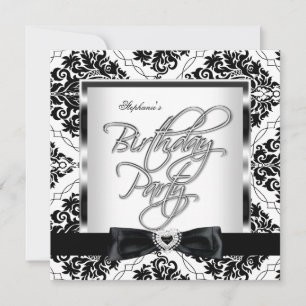Elit Damask Silver Svart Vit Födelsedagsfest Inbjudningar