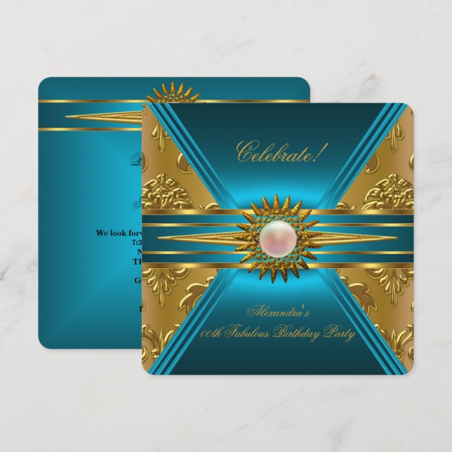 Elit Damask Tealblå Guld Blommig Fest 2 Inbjudningar (Fram/baksida)
