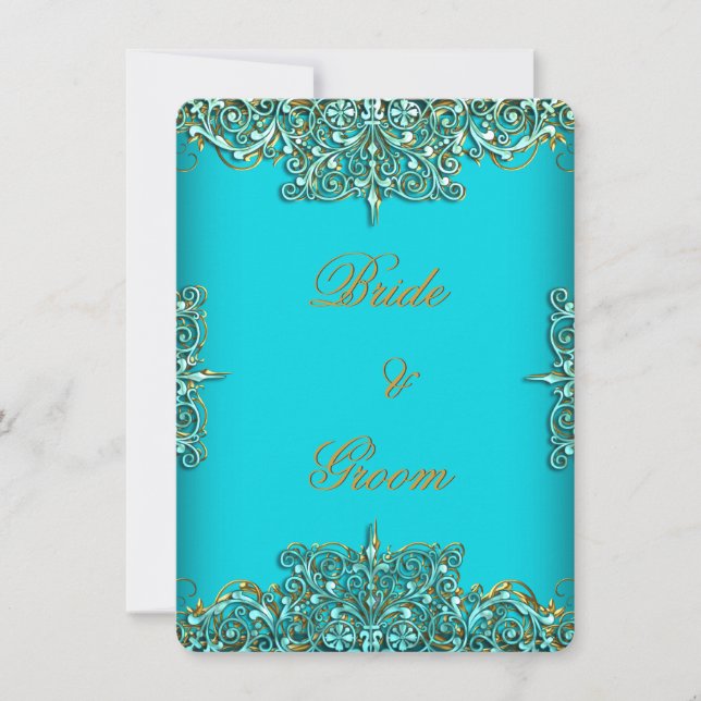Elit Elegant Bröllop Ornamenterad Teal Blå Guld Inbjudningar (Framsida)