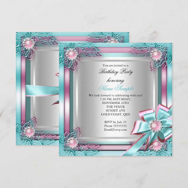 Elit Elegant Födelsedagsfest Teal Rosa Silver 2 Inbjudningar (Fram/baksida)