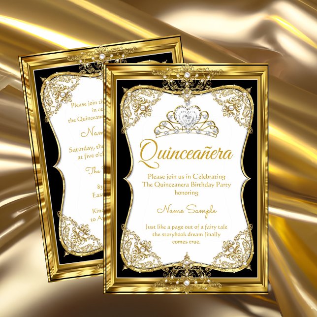 Elit Guld Vit Svart Princess Quinceanera Tiara Inbjudningar (Skapare uppladdad)