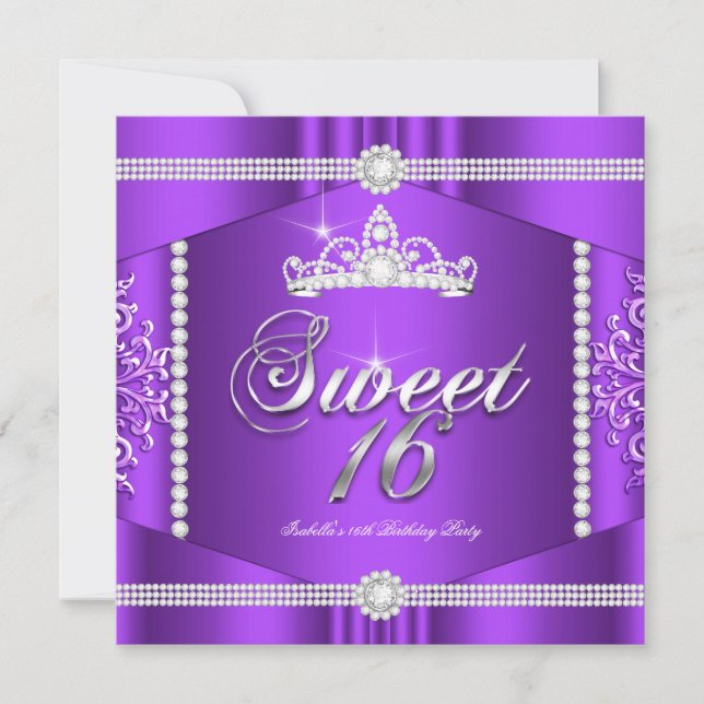 Elit Lila Spets Prinsessa Sweet 16 Fest Diamant Inbjudningar (Framsida)