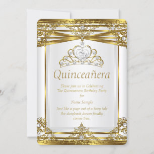 Elit Prinsessa Quinceanera Guld Vit Pärl Ram Inbjudningar