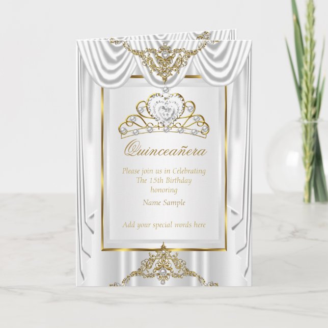 Elit Quinceanera Vit Siden Guld Pärla Tiara Inbjudan (Framsida)