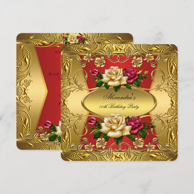 Elit Röda Crème Rosor Utsmyckad Guld Födelsedagsfe Inbjudningar (Fram/baksida)