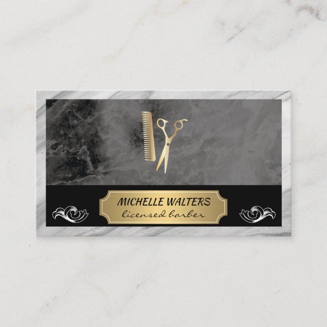Elite Barber | Svart marble Guld-bakgrund Visitkort (Framsida)