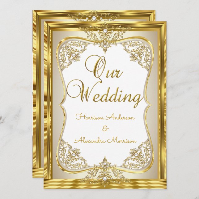 Elite Bröllop Guld White beige Cream Pearl Inbjudningar (Fram/baksida)