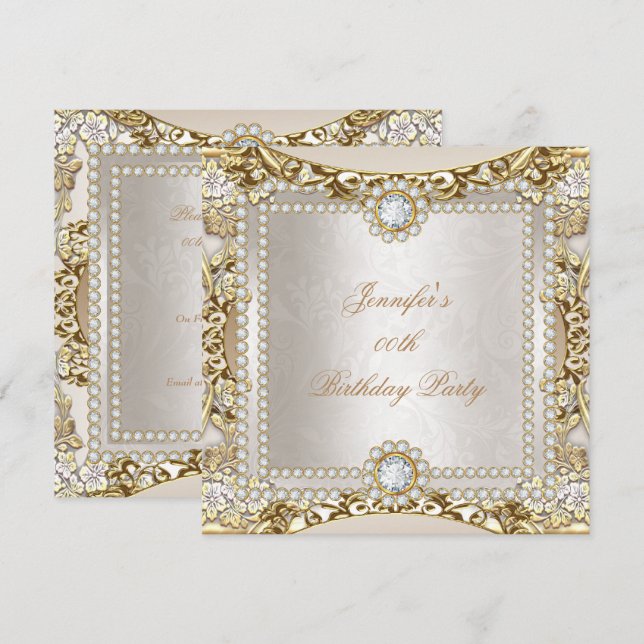 Elite Cream Guld Diamond Damask Födelsedagsfest Inbjudningar (Fram/baksida)