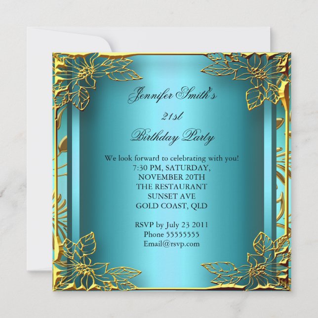 Elite Elegant Birthday Teal Guld Black Damask Inbjudningar (Framsida)