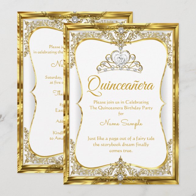 Elite Guld Vit Pärla Prinsessa Quinceanera Inbjudningar (Fram/baksida)