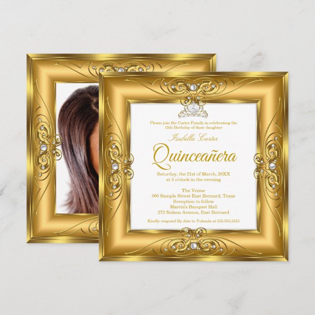 Elite Quinceanera 15:e Guld Pearl Gem Tiara Photo Inbjudningar (Fram/baksida)