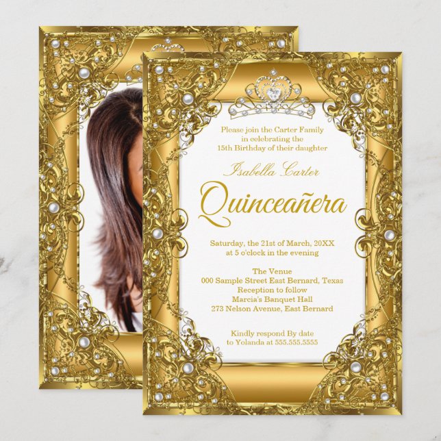 Elite Quinceanera 15:e Guld Pearl Tiara Photo Inbjudningar (Fram/baksida)
