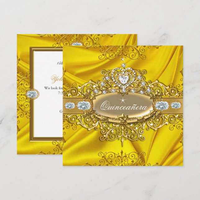 Elite Quinceañera Gul Silke Silver Guld Fest Inbjudningar (Fram/baksida)